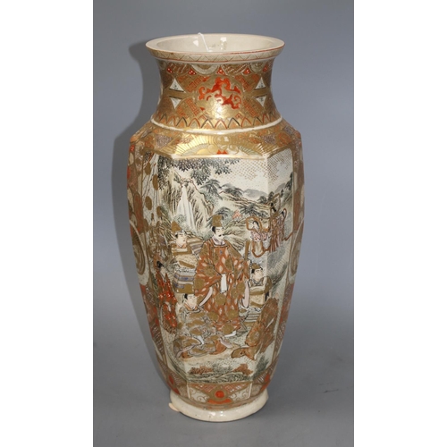 51 - A Satsuma hexagonal vase, decorated with panels of figures in landscapes, height 46cm Condition: Som... 