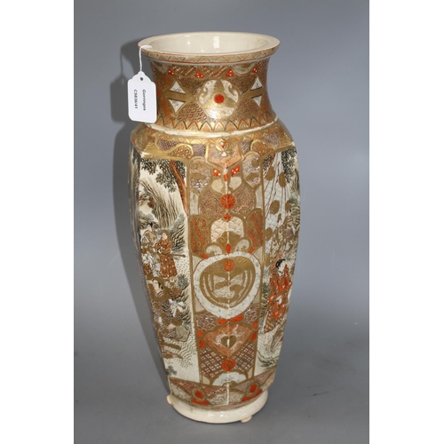 51 - A Satsuma hexagonal vase, decorated with panels of figures in landscapes, height 46cm Condition: Som... 