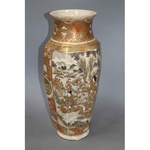 51 - A Satsuma hexagonal vase, decorated with panels of figures in landscapes, height 46cm Condition: Som... 