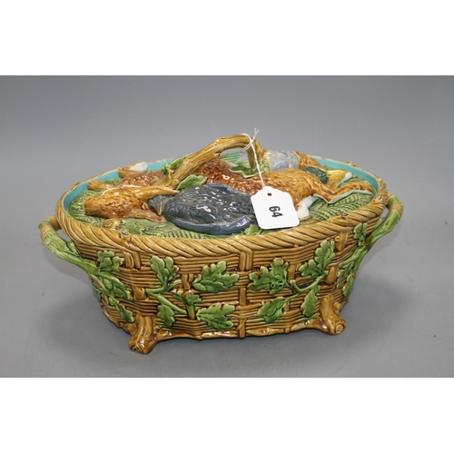 64 - A Mintons majolica game tureen, with hare and poultry lid and oak leaf base, impressed marks, 36cm C... 