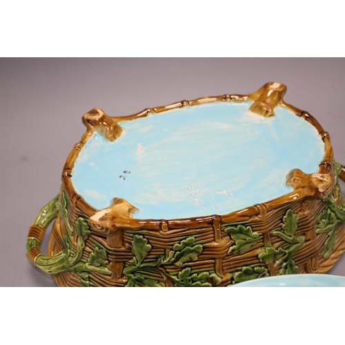 64 - A Mintons majolica game tureen, with hare and poultry lid and oak leaf base, impressed marks, 36cm C... 