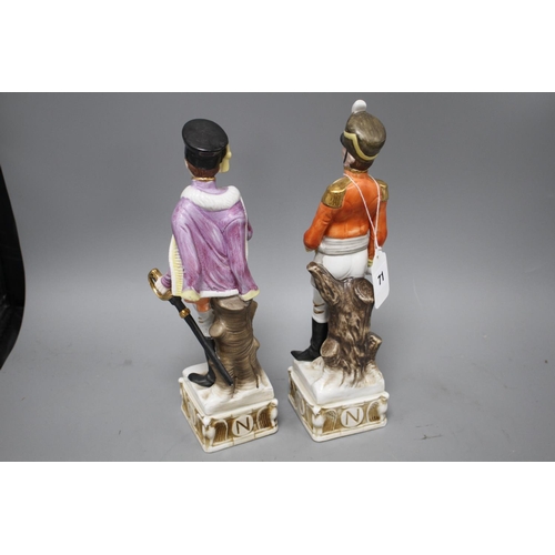 71 - Two porcelain figures of Napoleonic soldiers, 32 and 34cm Condition: In good condition,... 