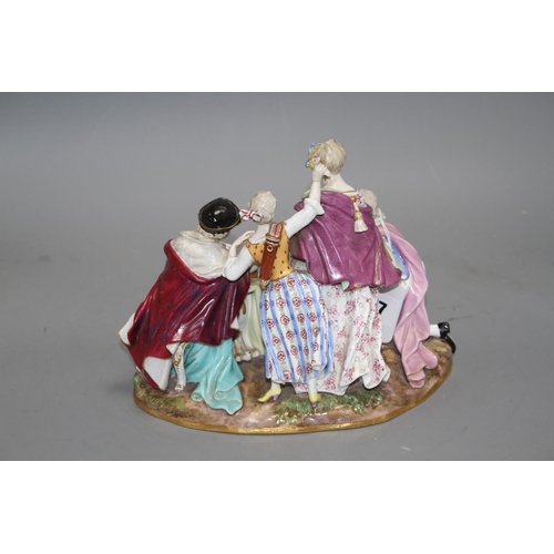 77 - A Meissen group of an elegant lady with attendants, width 23cm, height 19cm Condition: Right hand of... 