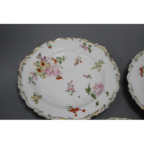 85 - A Chelsea gold anchor 'bird and insect' plate and a similar pair of floral plates, c. 1765, 22 and 2... 