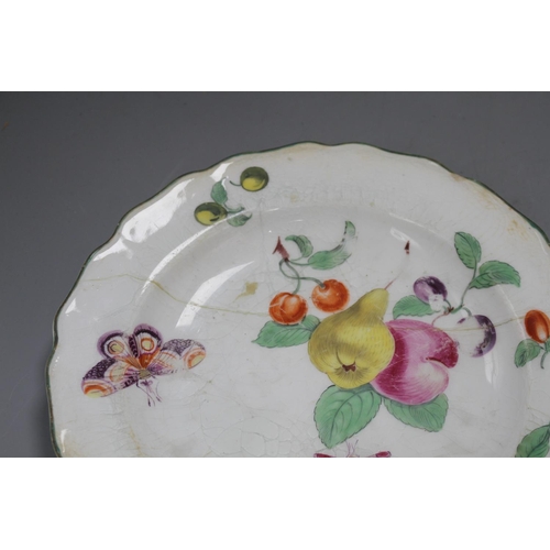 87 - A Chelsea red anchor 'artichoke' plate and a similar 'fruit and butterfly' plate, c.1755, 21.8 and 2... 