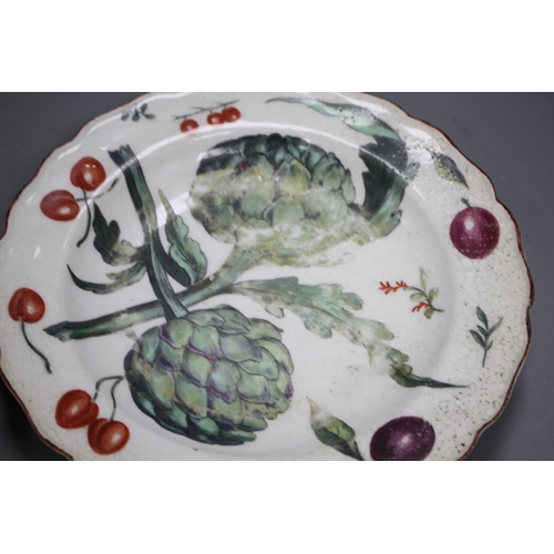 87 - A Chelsea red anchor 'artichoke' plate and a similar 'fruit and butterfly' plate, c.1755, 21.8 and 2... 