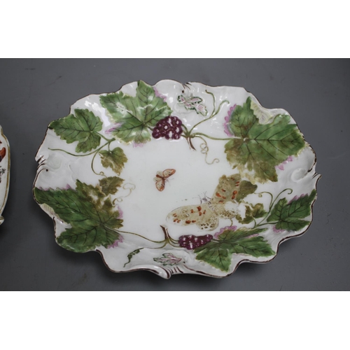 91 - A Chelsea red anchor period vine leaf moulded dish, c.1755 and a Chelsea gold anchor bird and flower... 