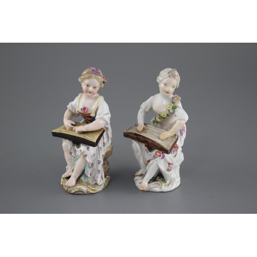 94 - An 18th century Meissen figure of a girl playing a zither and a 19th century Meissen figure of a gir... 