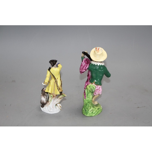 96 - A 19th century Meissen figure of a huntsman and a 19th century English porcelain monkey band figure,... 