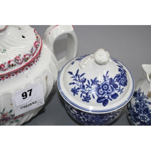 97 - A Worcester blue and white coffee pot and cover, sugar bowl and cover and milk jug, c.1760-75 and a ... 