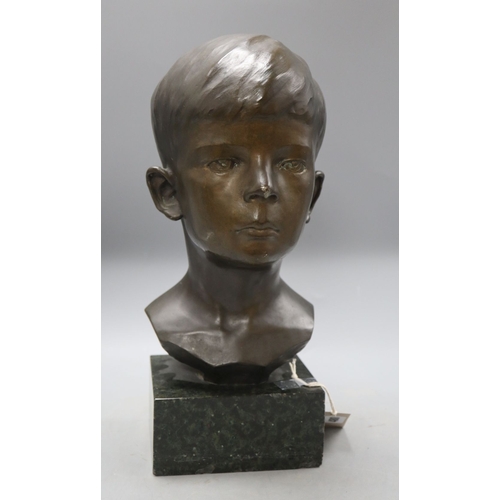 480 - A bronze bust of a boy, signed R.Swann 1930, on marble base, height 38cm