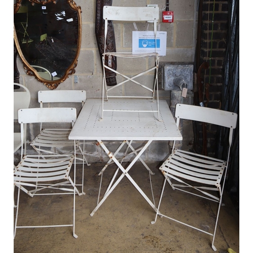 1016 - A square metal folding garden table, W.70cm, D.70cm and four chairs