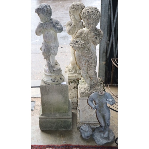 1018 - A lead garden ornament and three reconstituted stone figural ornaments, largest 104cm high... 