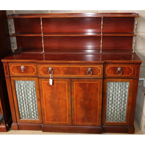 1025 - A Regency style satinwood banded mahogany breakfront secretaire cabinet, W.152cm, D.50cm, H.138cm... 