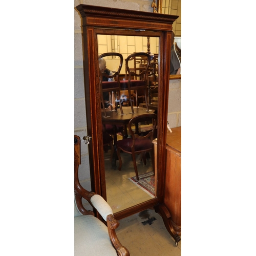 1031 - An Edwardian satinwood banded mahogany cheval mirror, W.66cm, H.170cm