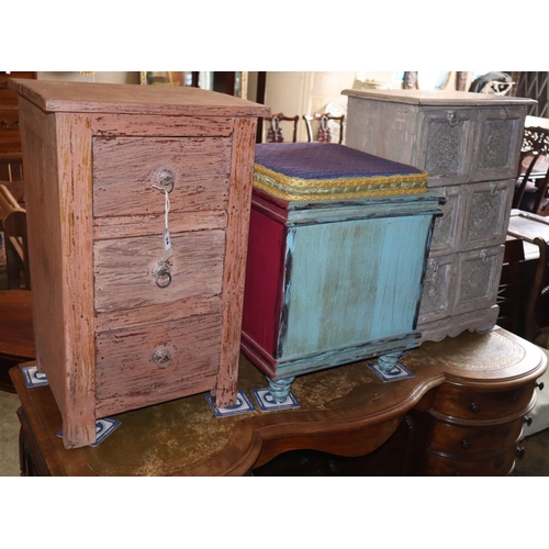 1034 - A painted three drawer bedside chest, a six drawer chest and a painted stool