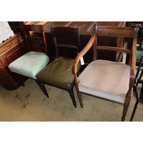 1036 - A Regency mahogany elbow chair and two dining chairs