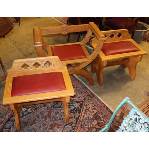 1051 - A pair of oak altar stools, largest D74cm, D.40cm, H.70cm and an oak bishop's chair