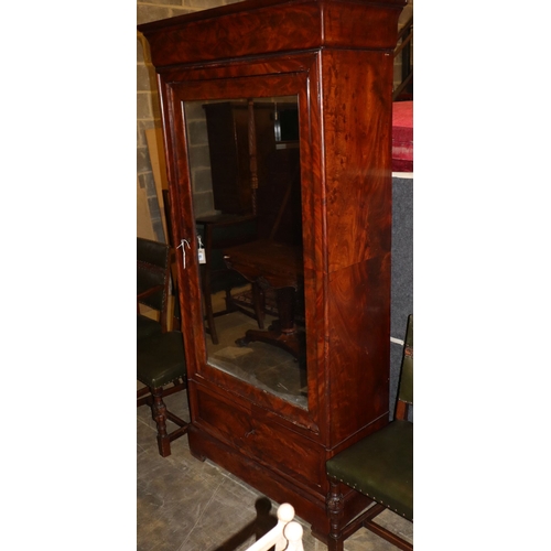 1087 - A 19th century French figured mahogany mirrored armoire, W.100cm, D.44cm, H.204cm