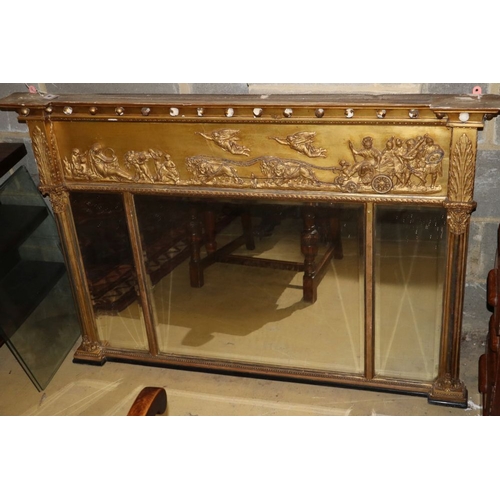 1090 - A Regency giltwood and gesso triple plate overmantel mirror, W.132cm, D.90cm