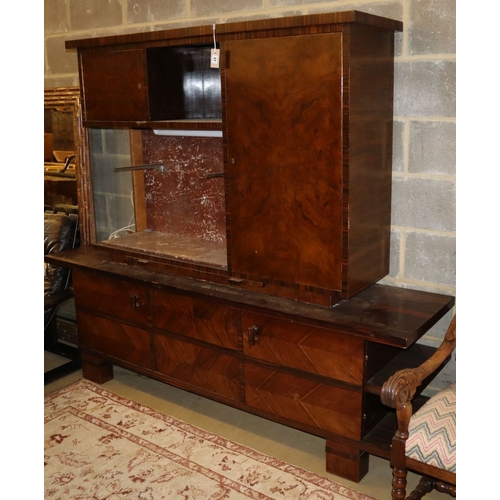1091 - A Continental figured walnut marble inset side cabinet, W.200cm, D.50cm, H.173cm
