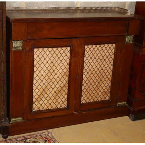1097 - A Regency style mahogany chiffonier with grilled doors, W.102cm, D.35cm, H.84cm