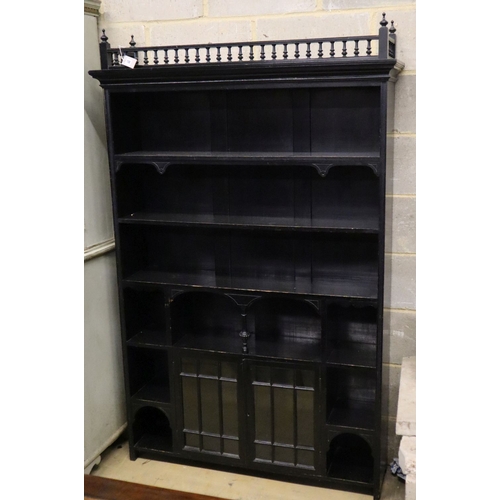 1108 - A late Victorian aesthetic movement ebonsied open bookcase, W.115cm, D.26cm, H.178cm