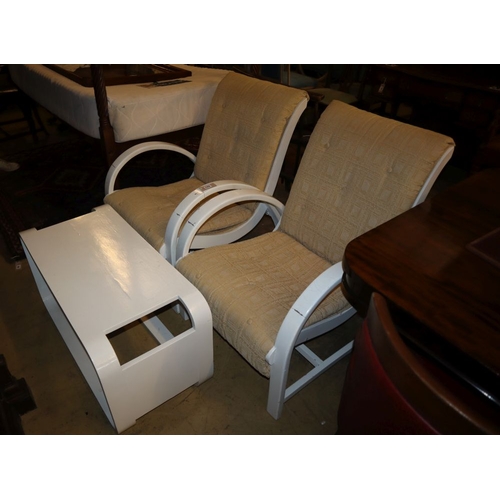 1124 - A pair of Art Deco style white painted bentwood armchairs and a matching coffee table