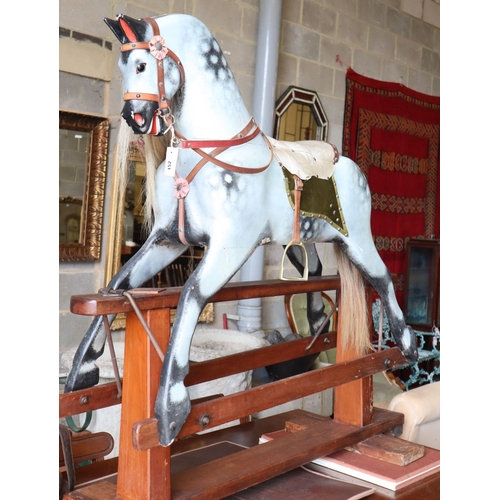 1159 - A mid 20th century Collinson dapple grey rocking horse on pine safety frame (restored by Stevenson d... 