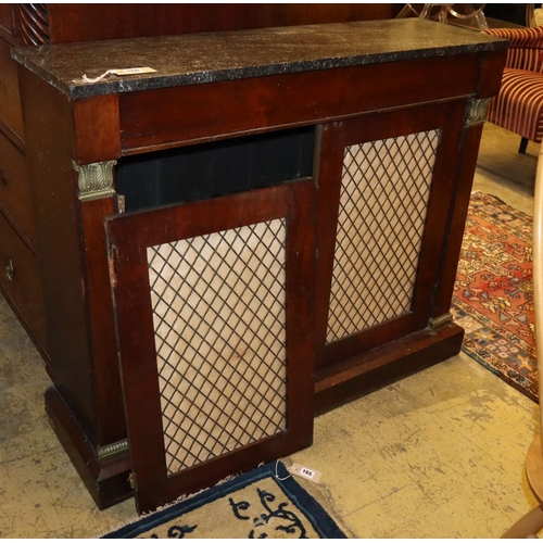 1166 - A Regency marble top mahogany chiffonier with grilled door, W.104cm, D.30cm, H.88cm