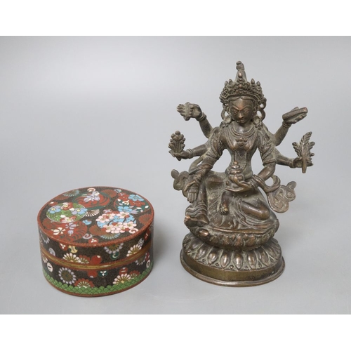 1201 - A Japanese cloisonne box and cover and a bronze of Kali, height 16cm