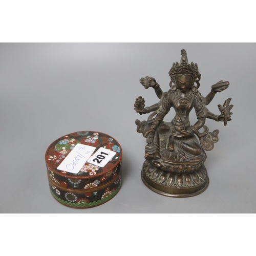 1201 - A Japanese cloisonne box and cover and a bronze of Kali, height 16cm