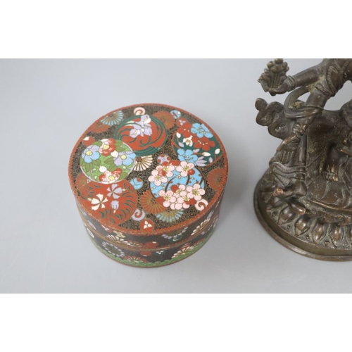 1201 - A Japanese cloisonne box and cover and a bronze of Kali, height 16cm