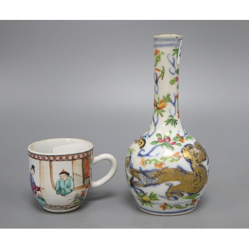 1205 - An 18th century Chinese famille rose teacup and a 19th century bottle vase, height 16.5cm