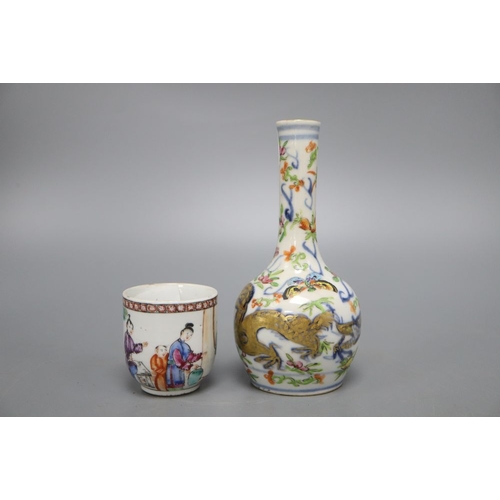 1205 - An 18th century Chinese famille rose teacup and a 19th century bottle vase, height 16.5cm