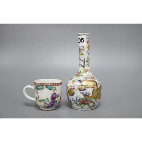 1205 - An 18th century Chinese famille rose teacup and a 19th century bottle vase, height 16.5cm