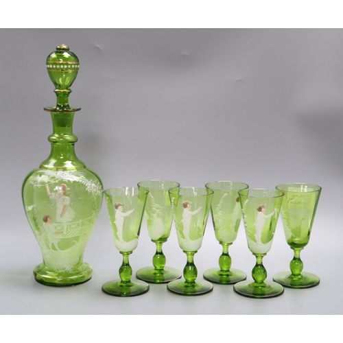 1208 - A Victorian 'Mary Gregory' decorated green glass decanter, height 33cm and six tumblersCONDITION: Al... 