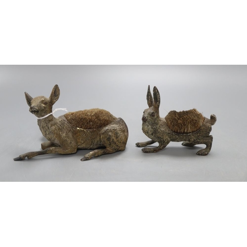 1210 - Two Viennese cold painted bronze pen wipes modelled as a deer and a rabbit, tallest 8cm