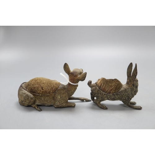 1210 - Two Viennese cold painted bronze pen wipes modelled as a deer and a rabbit, tallest 8cm