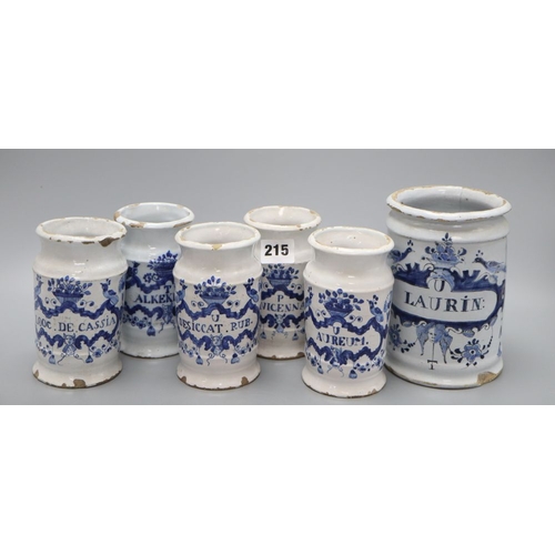 1215 - Five various Delft drug jars and another larger, tallest 16cm