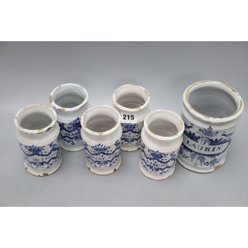 1215 - Five various Delft drug jars and another larger, tallest 16cm