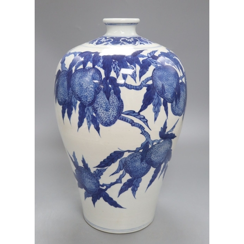 1223 - A Chinese blue and white 'nine peach' meiping, drill hole to base, height 37cm