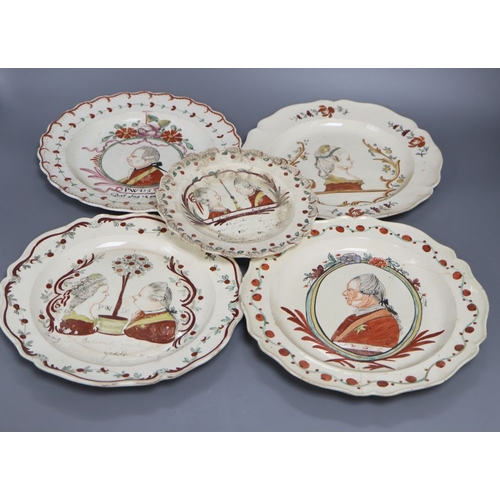 1236 - Five Leeds creamware Dutch-decorated orangist portrait plates, late 18th century, four are 25cm... 