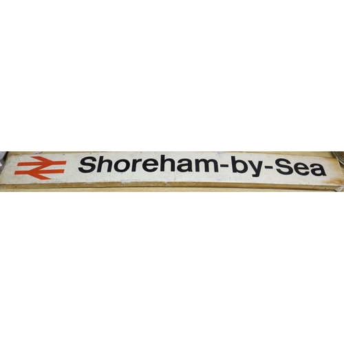 1239 - A Shoreham-By-Sea railway sign, label to reverse reads 'storm damage October 16th 1987'