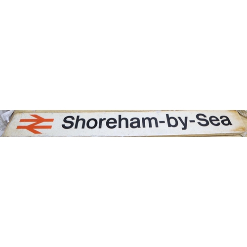 1239 - A Shoreham-By-Sea railway sign, label to reverse reads 'storm damage October 16th 1987'