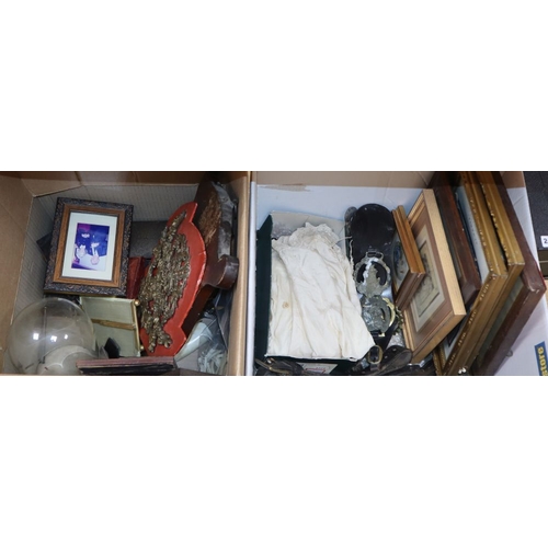 1241 - A collection of photo frames, prints, glass dome, AA badges etc