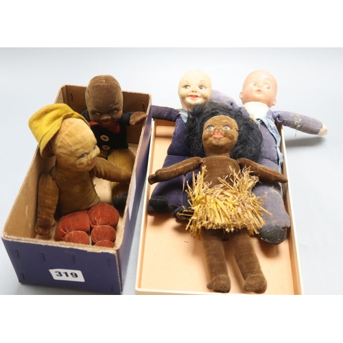 1319 - Two Nora Welling sailor dolls and three black dolls, tallest 22cm