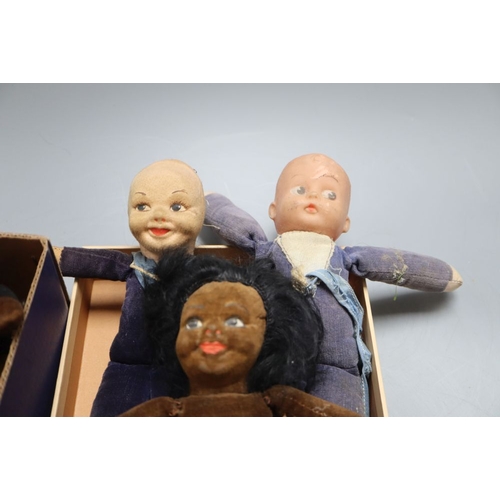 1319 - Two Nora Welling sailor dolls and three black dolls, tallest 22cm