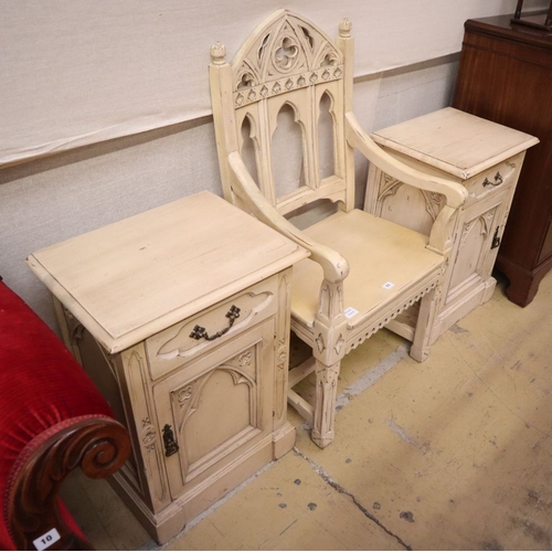 66 - A cream painted Gothic style elbow chair, W.58cm and a matching pair of bedside cabinets, W.50cm... 