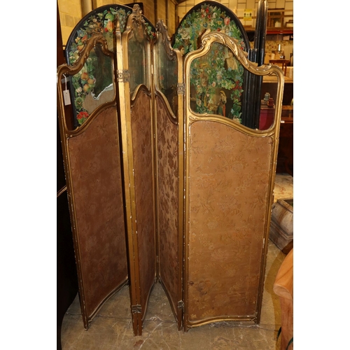 23 - An early 20th century French giltwood and gesso glazed four fold dressing screen, H.182cm